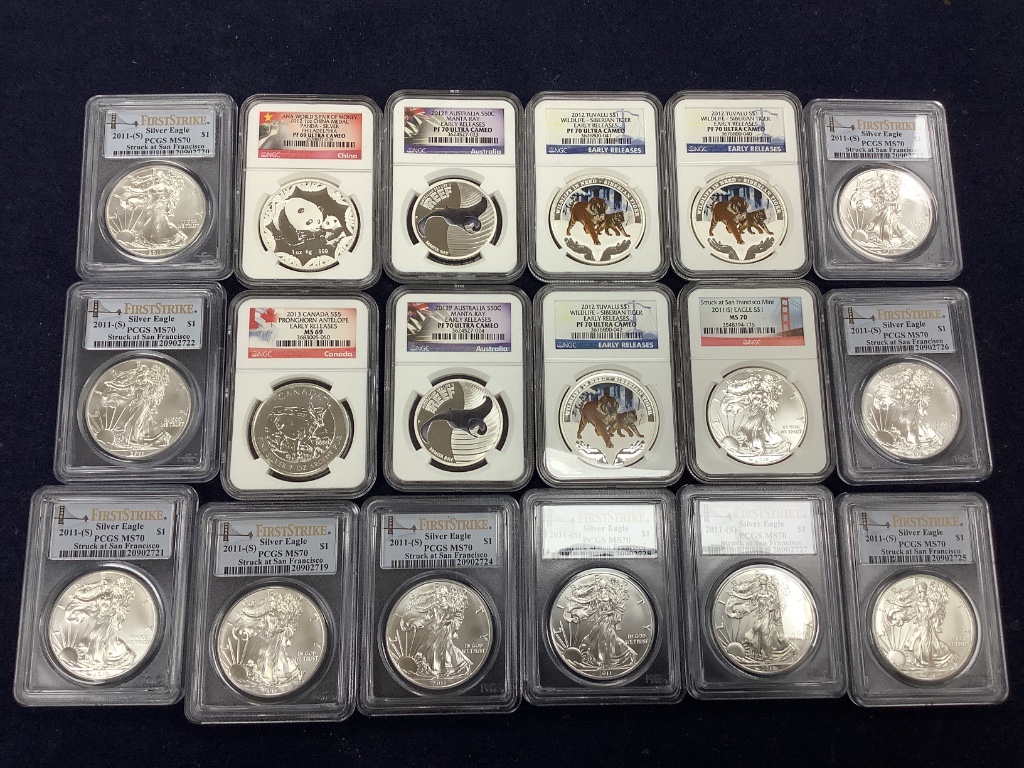 Sealed Proof coins - 20 US $1 President of America coins, all NGC rated PF 69 ultra cameo, 10 Silver Eagle $1 dollar coins, 2011 (S), PCGS rated MS70, 6 Commonwealth Proof coins, 2012, NGC rated MS69 - PF70 ultra Cameo,